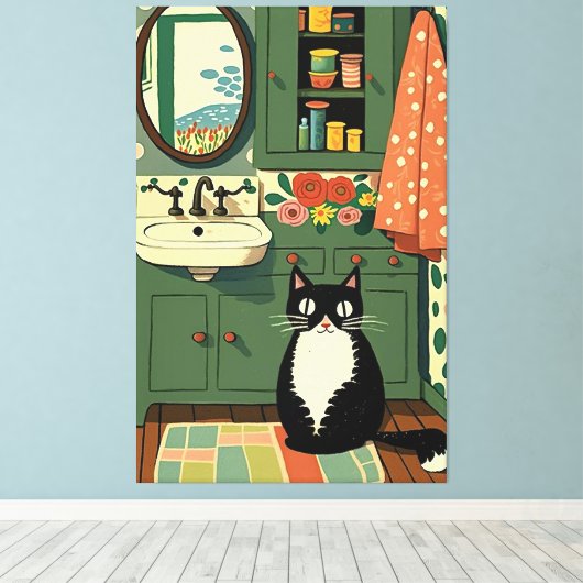 Kat in badkamer V11 Canvas Afdruk (Insitu (Houten vloer))