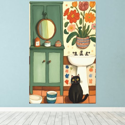 Kat in badkamer V13 Canvas Afdruk (Insitu (Houten vloer))