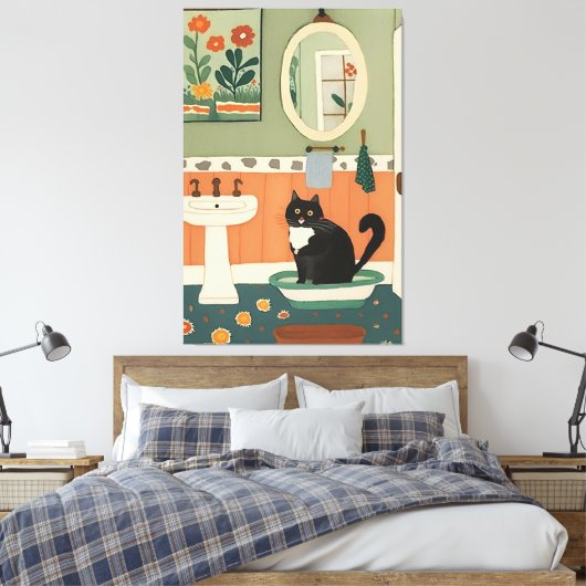 Kat in badkamer V14 Canvas Afdruk (Insitu (Slaapkamer))