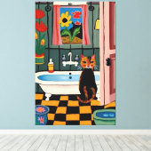 Kat in badkamer V16 Canvas Afdruk (Insitu (Houten vloer))