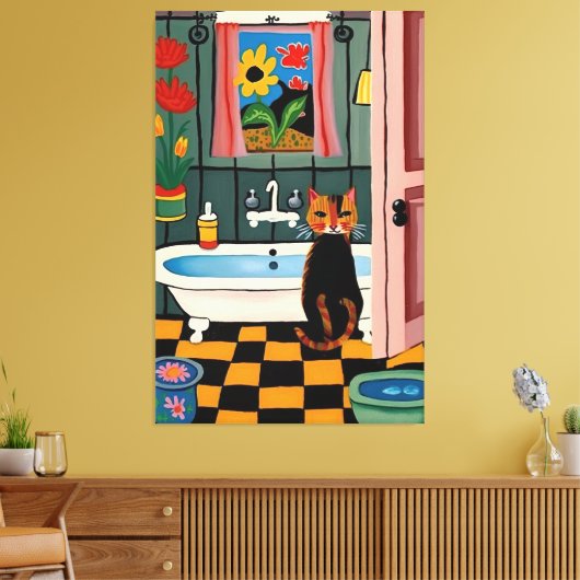 Kat in badkamer V16 Canvas Afdruk (Insitu (Woonkamer))