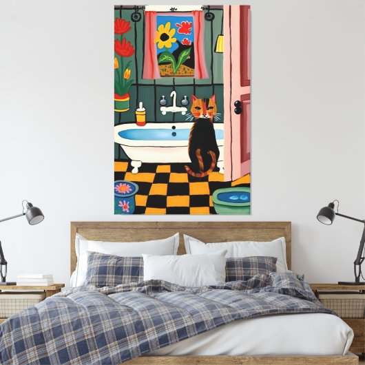 Kat in badkamer V16 Canvas Afdruk (Insitu (Slaapkamer))