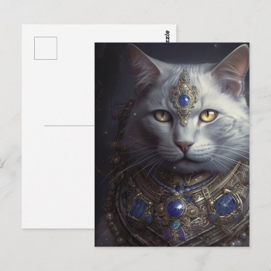 Kat in blauw en gouden pantser briefkaart (Voorkant / Achterkant)