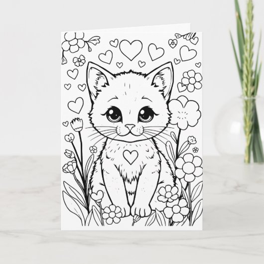 Kat in bloemen kleurplaat | Birthday Kaart (Voorkant)