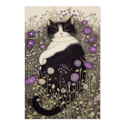 Kat in bloemen perfect poster (Voorkant)