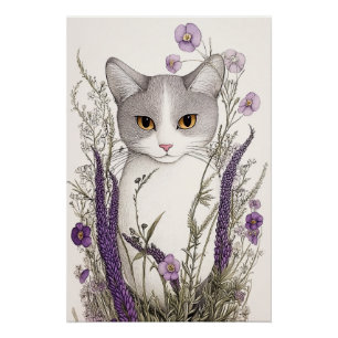 Kat in bloemen perfect poster