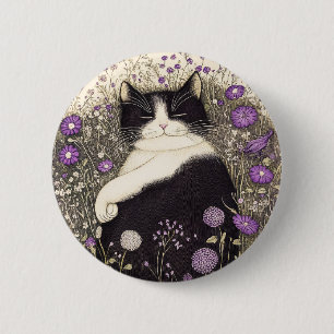Kat in bloemen ronde button 5,7 cm