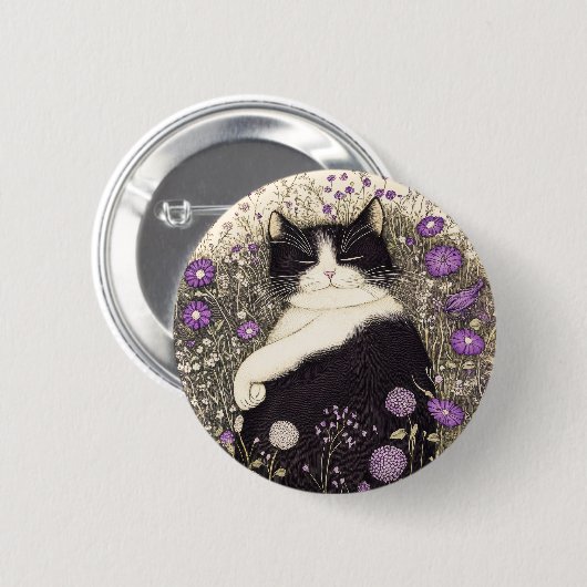 Kat in bloemen ronde button 5,7 cm (Voorkant /achterkant)
