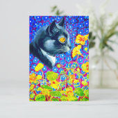 Kat in bloemen RSVP kaartje (Staand voorkant)