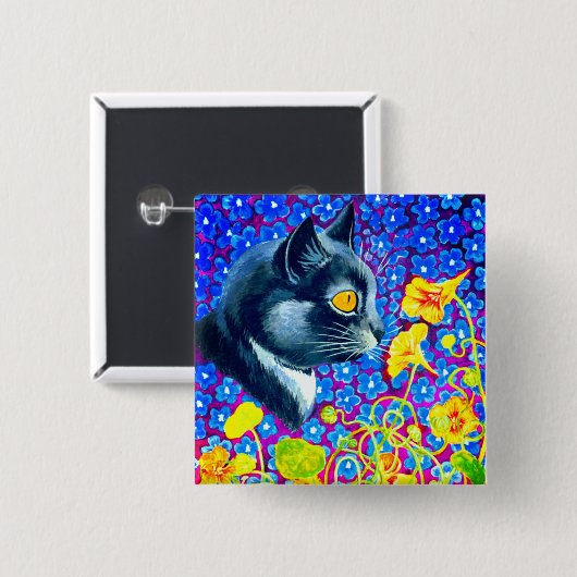 Kat in bloemen vierkante button 5,1 cm (Voorkant /achterkant)
