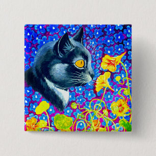 Kat in bloemen vierkante button 5,1 cm