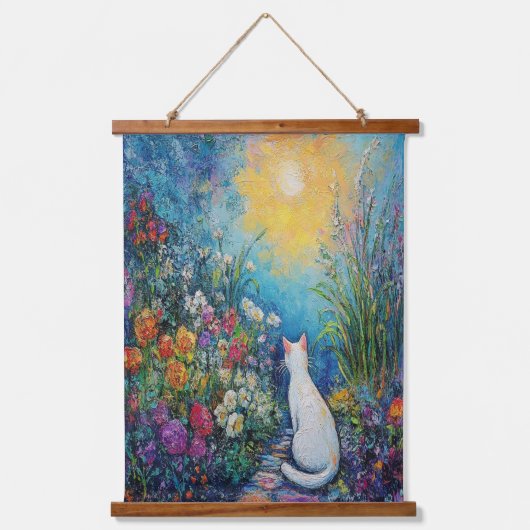 Kat in bloementuin - impressionistische kunst hangend wandkleed (Voorkant)