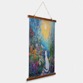 Kat in bloementuin - impressionistische kunst hangend wandkleed (Gebogen)