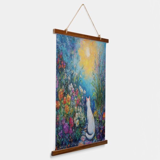 Kat in bloementuin - impressionistische kunst hangend wandkleed (Gebogen)