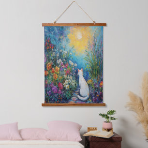 Kat in bloementuin - impressionistische kunst hangend wandkleed