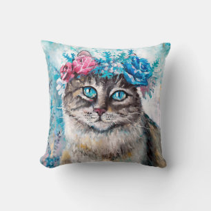 Kat in bloemschilderij met lijnolie op doek. Winte Kussen