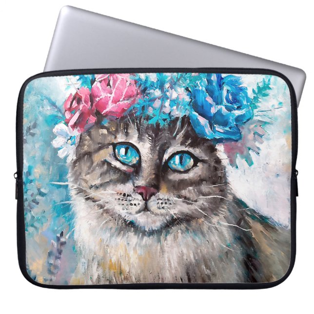 Kat in bloemschilderij met lijnolie op doek. Winte Laptop Sleeve (Voorkant)