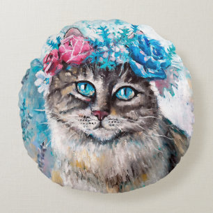 Kat in bloemschilderij met lijnolie op doek. Winte Rond Kussen