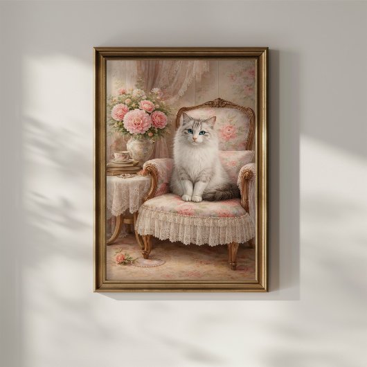 Kat in bloemstoel poster