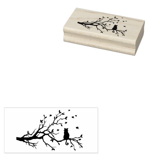 Kat in boom silhouet rubberstempel (Gestempeld)