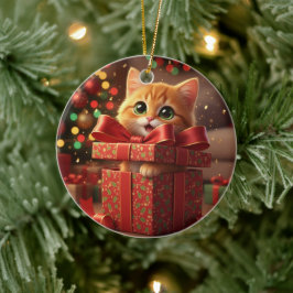 Kat in cadeauverpakking - Kat springt uit Kerstcad Keramisch Ornament