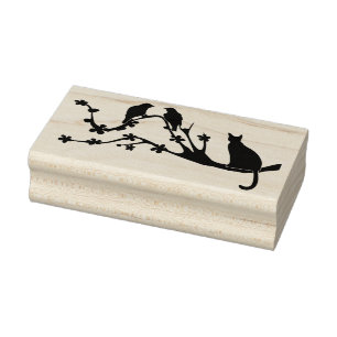 Kat in de boom met vogelsilhouette rubberstempel