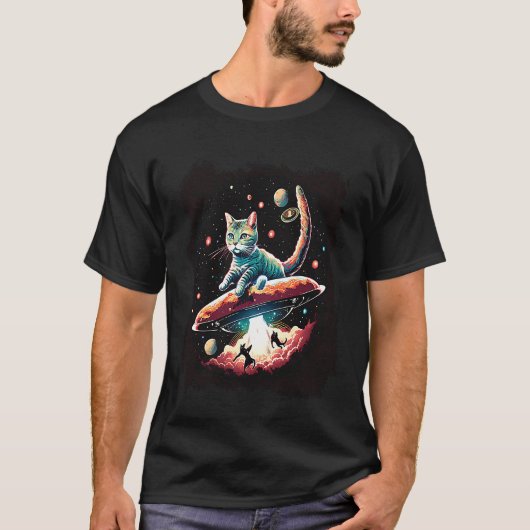 Kat In De Buitenruimte UFO Alien Ontvoering Scienc T-shirt (Voorkant)