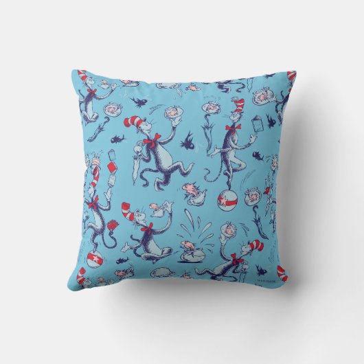 Kat in de hoed | Blauwe patroon Kussen (Achterkant)