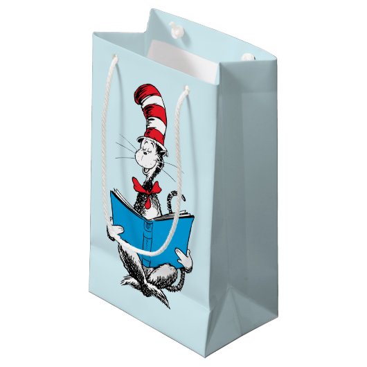 Kat in de hoed leest klein cadeauzakje (Voorkant Gekanteld)