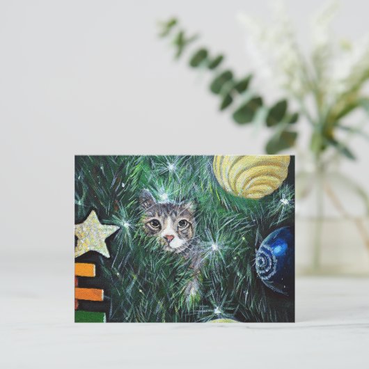 Kat in de kerstboom briefkaart (Staand voorkant)
