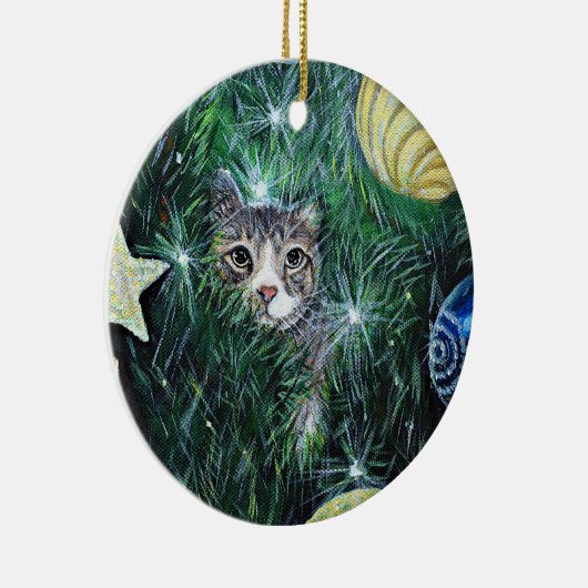 Kat in de kerstboom keramisch ornament (Rechts)