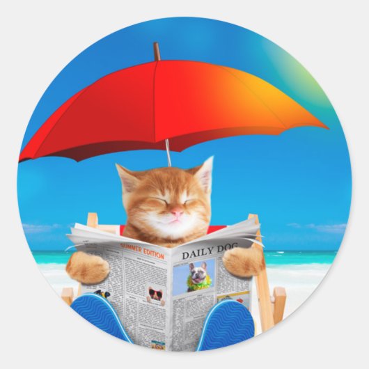 Kat in de krant leest de krant ronde sticker (Voorkant)