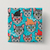 Kat in de pet vierkante button 5,1 cm (Voorkant)