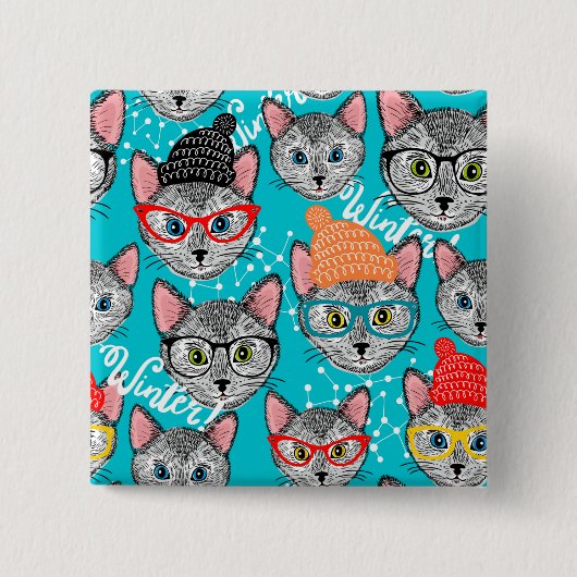 Kat in de pet vierkante button 5,1 cm (Voorkant)