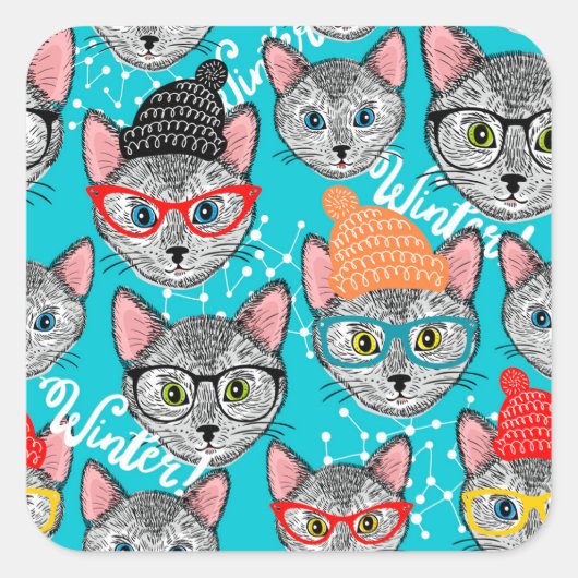 Kat in de pet vierkante sticker (Voorkant)