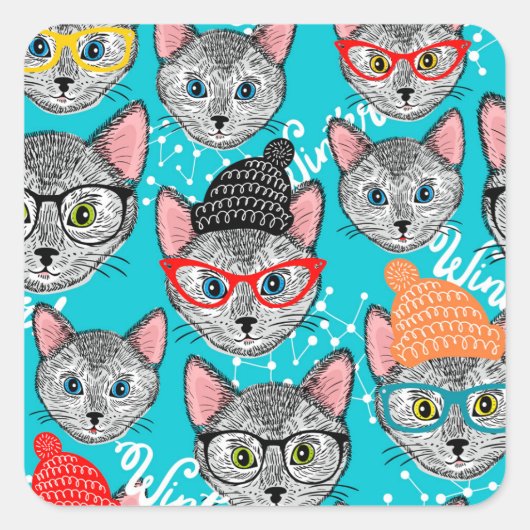 Kat in de pet vierkante sticker (Voorkant)