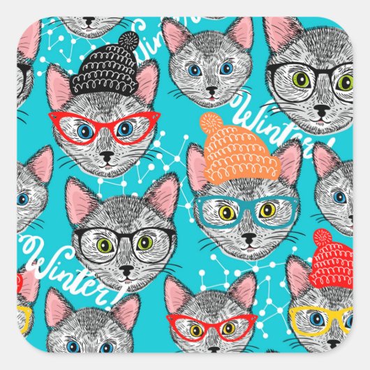 Kat in de pet vierkante sticker (Voorkant)