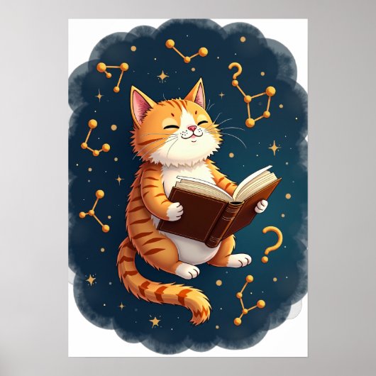 Kat In De Ruimte Leest Boek over Kosmische Astrono Poster (Voorkant)