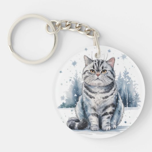 Kat in de sneeuw 1 ronde acryl Sleutelhanger (Voorkant)