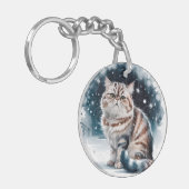Kat in de sneeuw 2 ronde acryl Sleutelhanger (Voorkant Links)