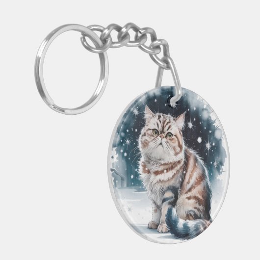 Kat in de sneeuw 2 ronde acryl Sleutelhanger (Voorkant Links)