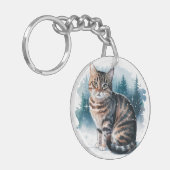 Kat in de sneeuw 3 ronde acryl Sleutelhanger (Voorkant Links)