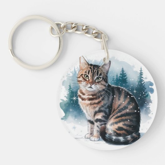 Kat in de sneeuw 3 ronde acryl Sleutelhanger (Voorkant)
