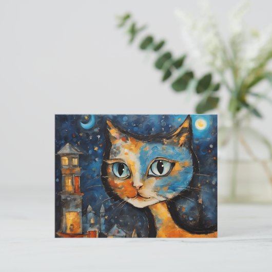 Kat in de stad 's nachts briefkaart (Staand voorkant)