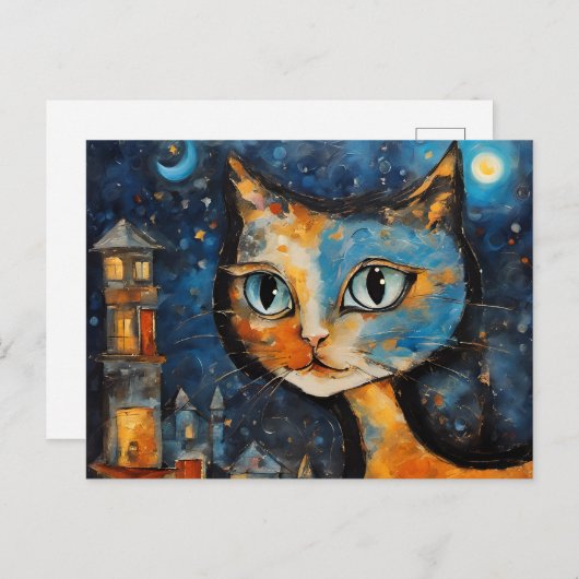 Kat in de stad 's nachts briefkaart (Voorkant / Achterkant)