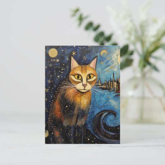 Kat in de Sterrennacht Stad Briefkaart (Staand voorkant)