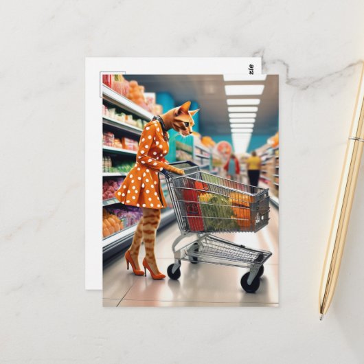 Kat in de supermarkt briefkaart (Voorkant / Achterkant in situ)
