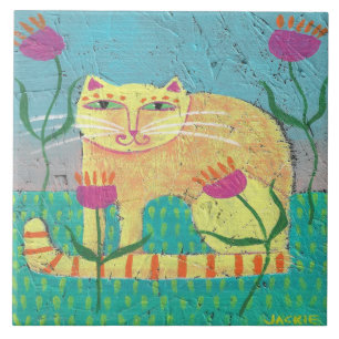 Kat in de tuin Abstract schilderij Tegeltje