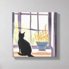Kat in de vensterbank | Silhouet Waterverf Canvas Afdruk