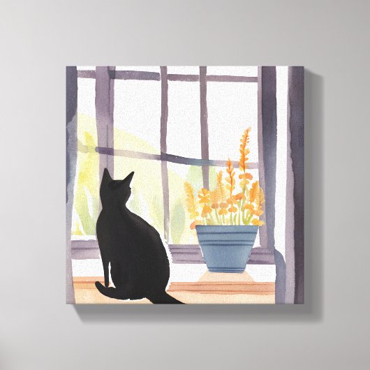 Kat in de vensterbank | Silhouet Waterverf Canvas Afdruk (Voorkant)